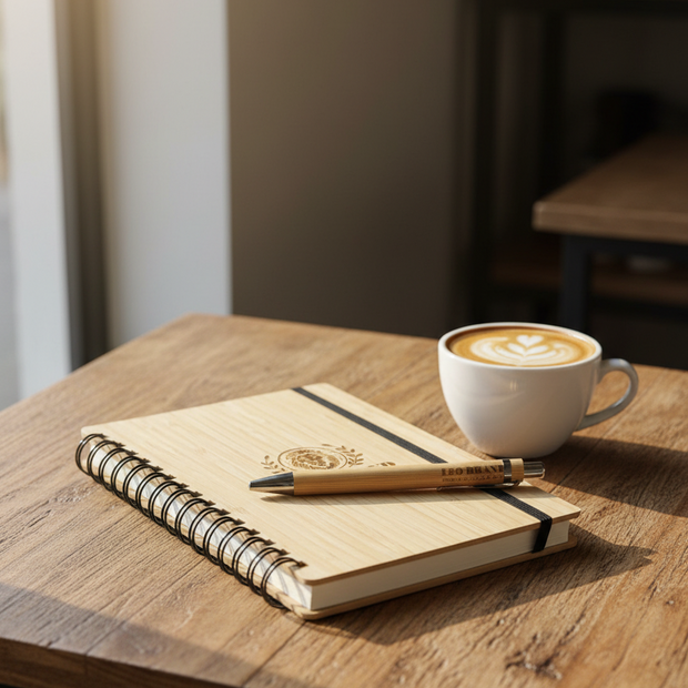 Bamboo Diary with Pen - Eco Friendly Spiral Bound Notebook for Writing and Gifting