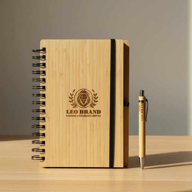 Bamboo Diary with Pen - Eco Friendly Spiral Bound Notebook for Writing and Gifting