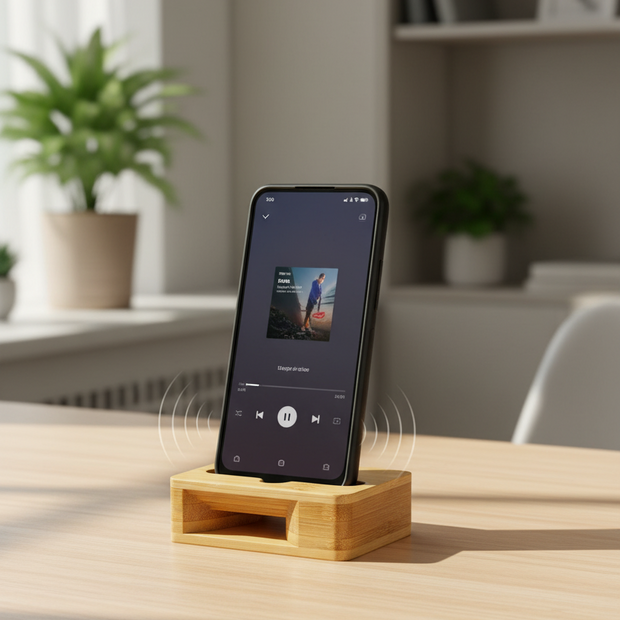 Bamboo Square Natural Amplifier & Phone Stand - Eco Friendly Passive Sound Amplifier and Mobile Holder