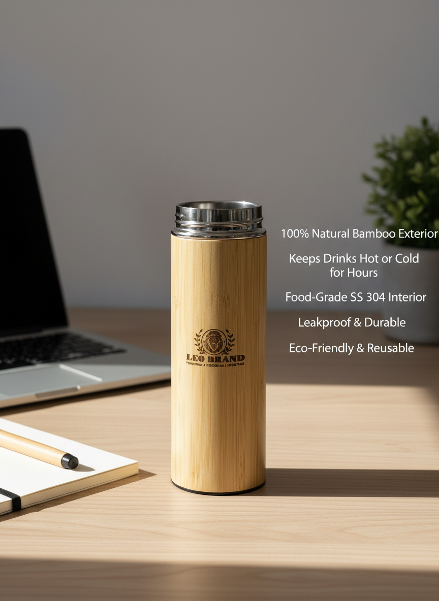 Bamboo 500ml Water Bottle - Thermos Bamboo Flask for Hot and Cold Beverages