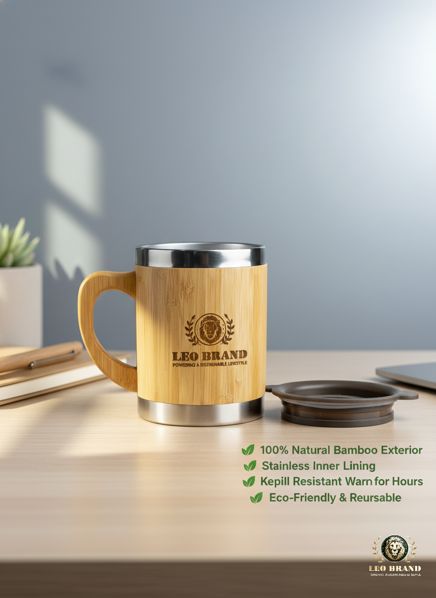 Eco Friendly Bamboo Coffee Mug - Reusable Travel Cup with Lid
