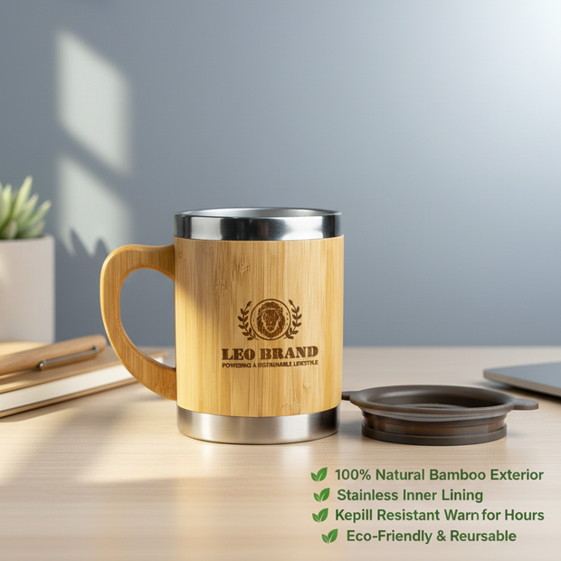 Eco Friendly Bamboo Coffee Mug - Reusable Travel Cup with Lid