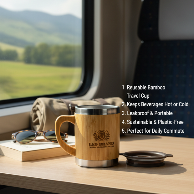 Eco Friendly Bamboo Coffee Mug - Reusable Travel Cup with Lid